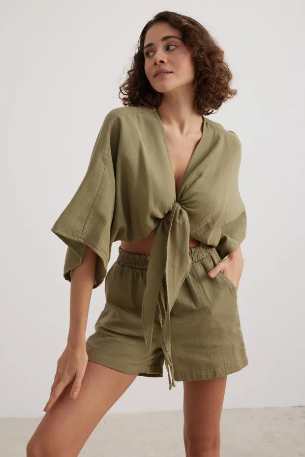 Kadın Haki Beli Lastikli Müslin Şort