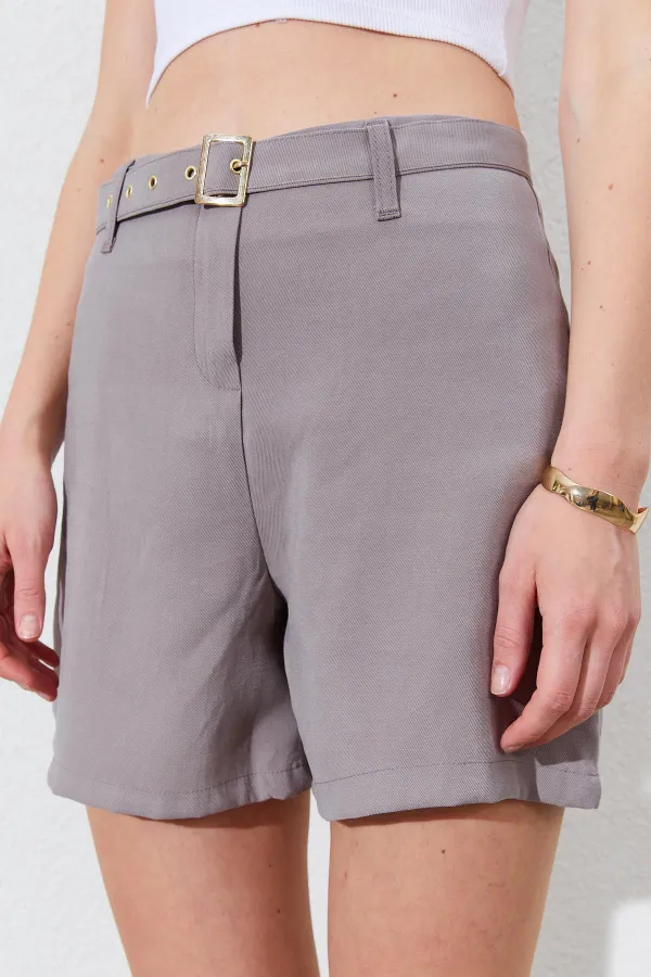Kadın Vizon Beli Kendinden Kemerli Gabardin Şort