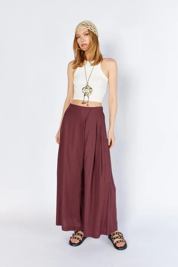 Kadın Bordo Anvelop Model Keten Pantolon
