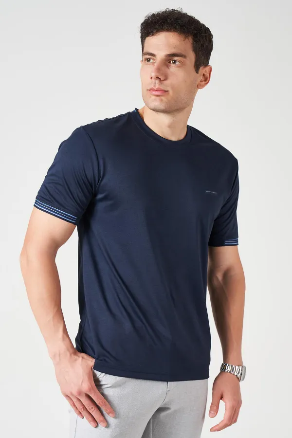 Erkek Lacivert Bisiklet Yaka Kol Yaka Şeritli Kagi Kumaş Tişört