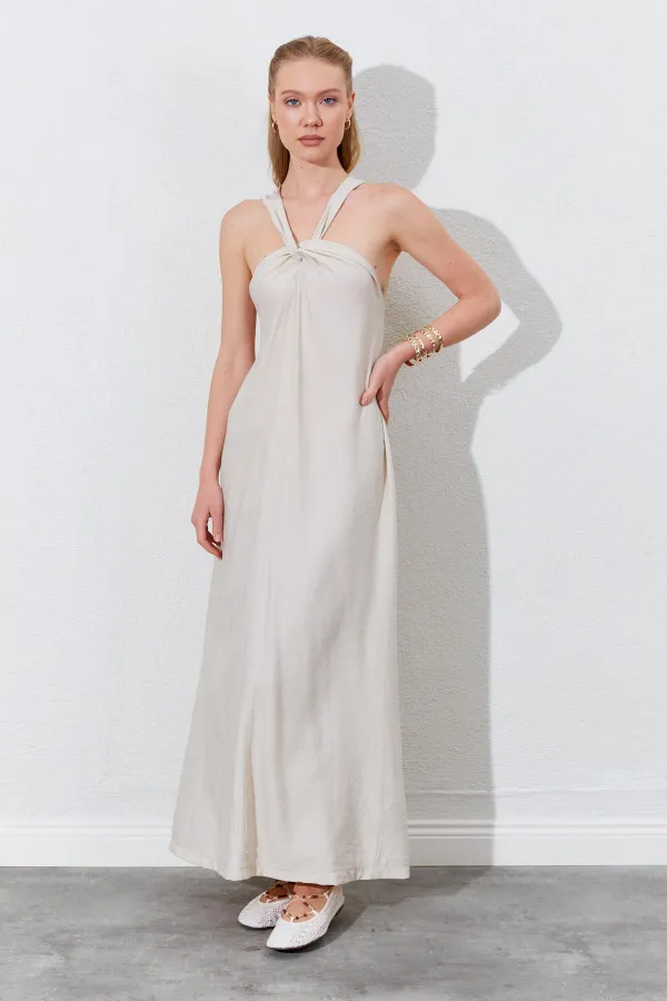 Kadın Taş Önü Düğüm Detaylı Kolsuz Elbise