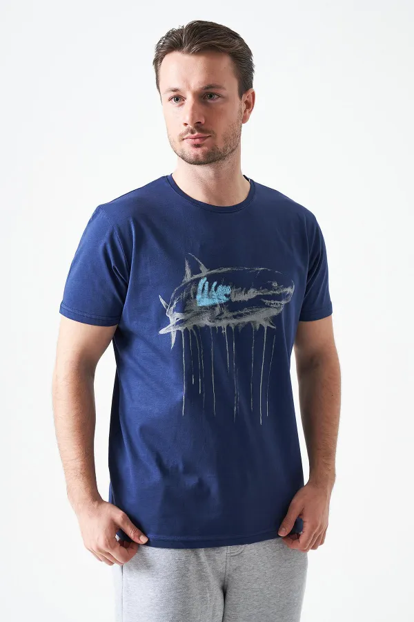 Erkek Lacivert Bisiklet Yaka Köpekbalığı Baskılı Tişört