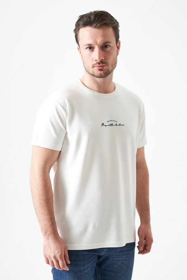 Erkek Ekru Bisiklet Yaka MADE WİTH  Baskılı Modal Tişört