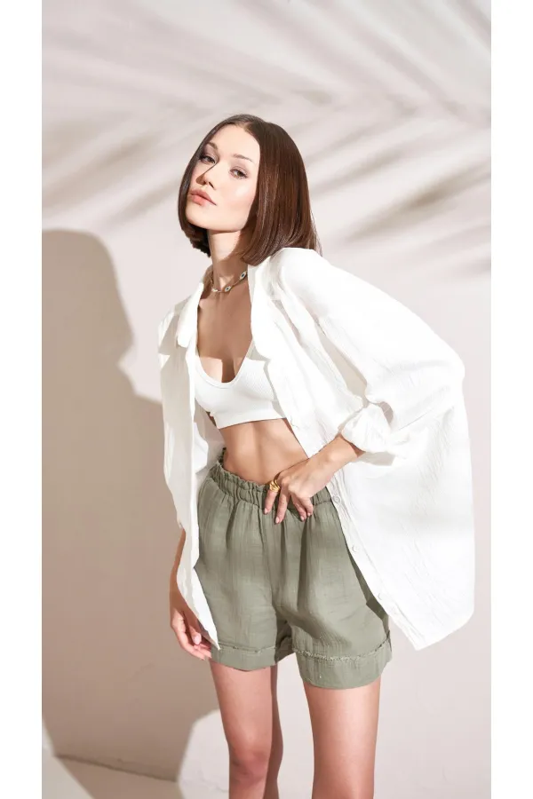 Kadın Ekru Kendinden Çizgili Oversize Gömlek