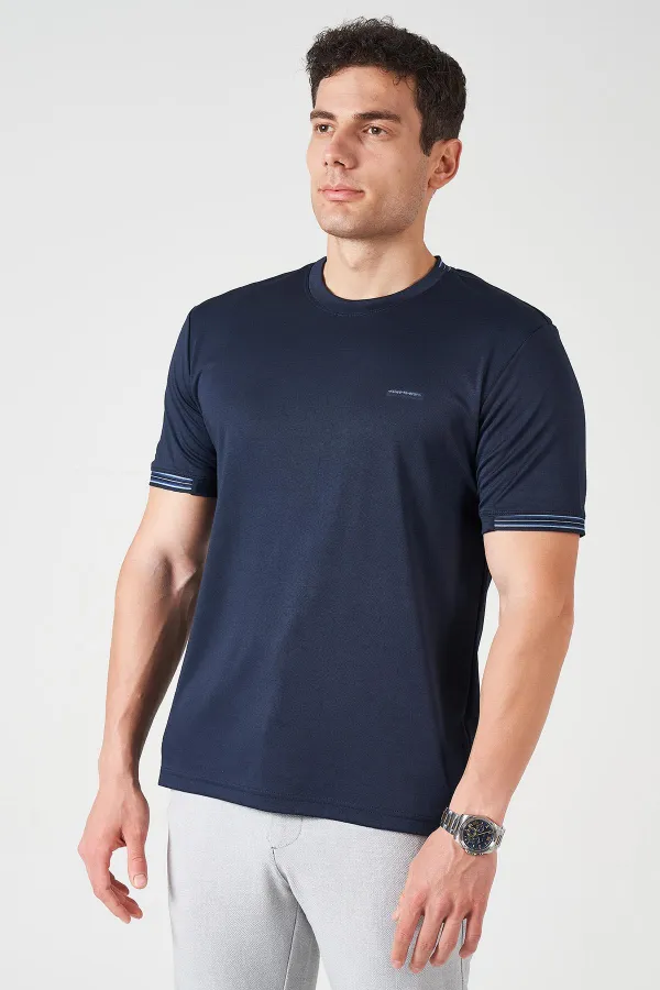 Erkek Lacivert Bisiklet Yaka Kol Yaka Şeritli Kagi Kumaş Tişört