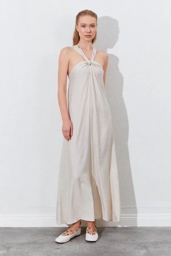 Kadın Taş Önü Düğüm Detaylı Kolsuz Elbise