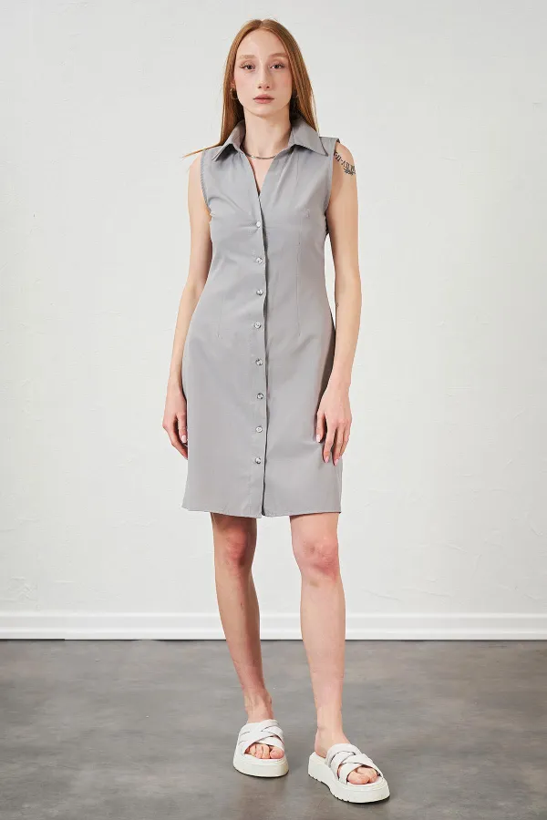Kadın Gri Gömlek Yaka Önü Düğmeli Kolsuz Poplin Elbise
