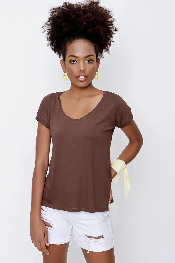 Kadın Kahve V Yaka Geniş Salaş Tişört