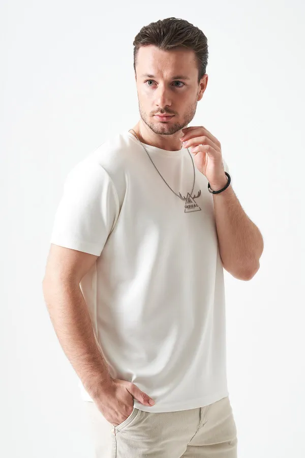 Erkek Ekru Bisiklet Yaka CASUAL  Baskılı Modal Tişört
