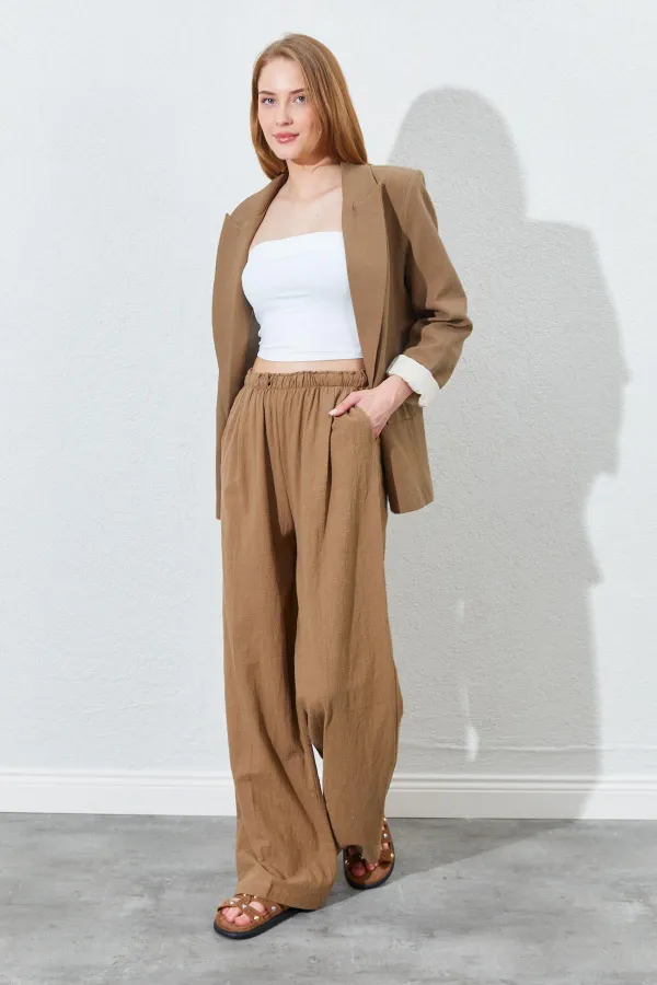 Kadın Kahve Beli Lastikli Palazzo Keten Pantolon