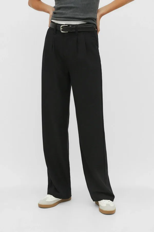 Kadın Siyah Çift Pileli Kemerli Poly Viskon Palazzo Pantolon