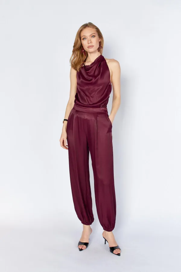 Kadın Mürdüm 9087 Yaka Bağlamalı Gold Tokalı Şalvar Pantolonlu Saten Takım