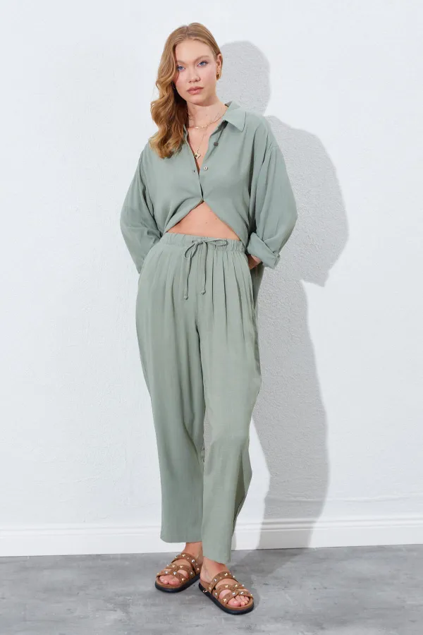 Kadın Haki Beli Lastikli Havuç Kesim Keten Pantolon