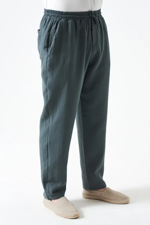 Erkek Çam Yeşili Bel Bağlamalı Baggy Müslin Pantolon