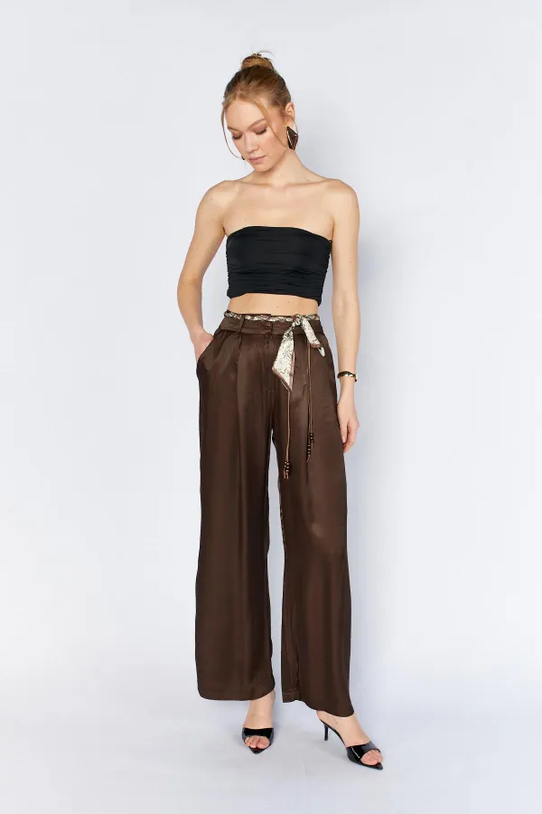 Women's Coffee Brown Wide-Leg Trousers with Scarf Belt and Flush Satin Fabric