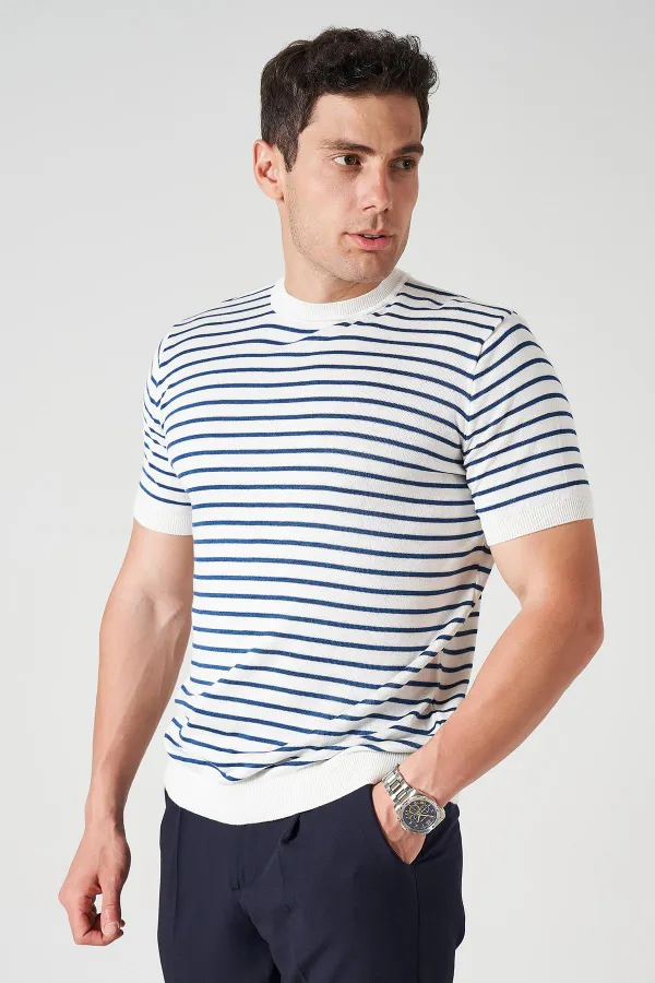 Erkek Ekru Bisiklet Yaka Çizgili Triko Tişört