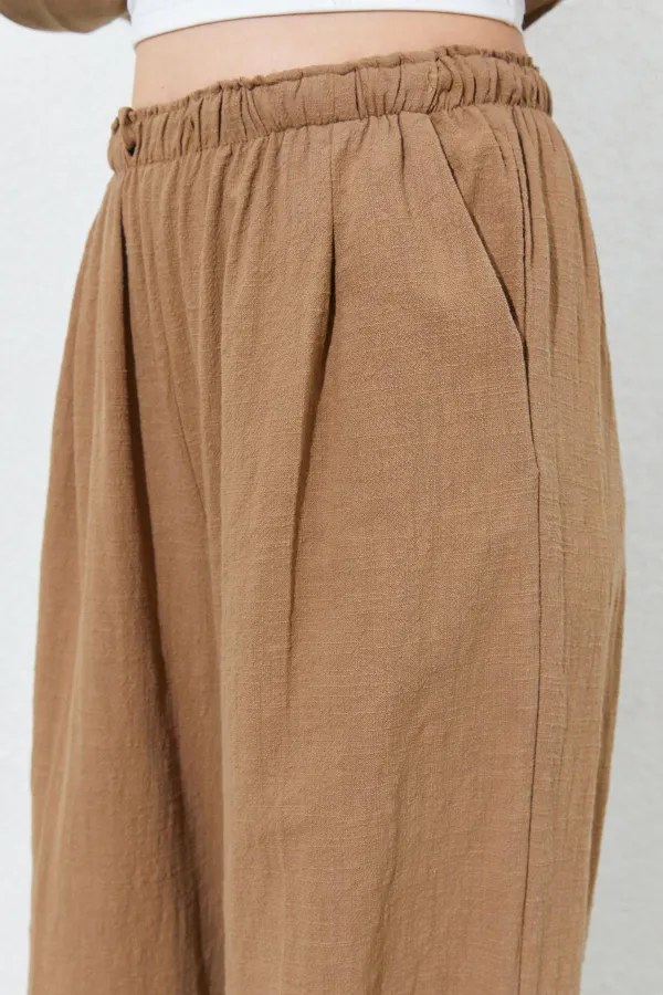 Kadın Kahve Beli Lastikli Palazzo Keten Pantolon