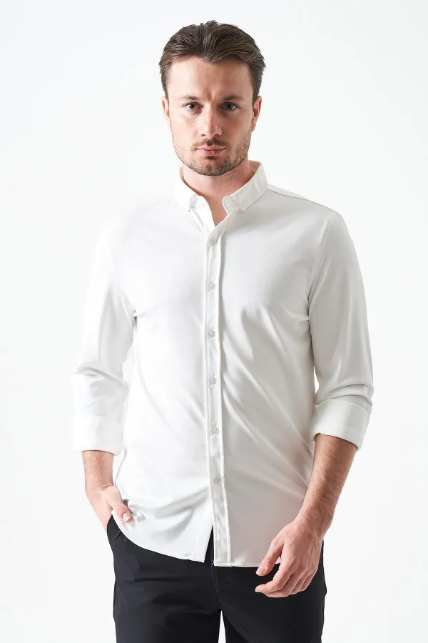 Erkek Ekru Uzun Kol Ripaş Dalgıç Slim Fit Gömlek