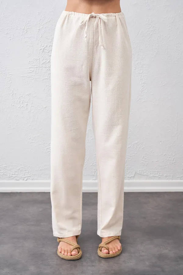 Kadın Naturel Bel Bağlamalı Bağcıklı Keten Pantolon