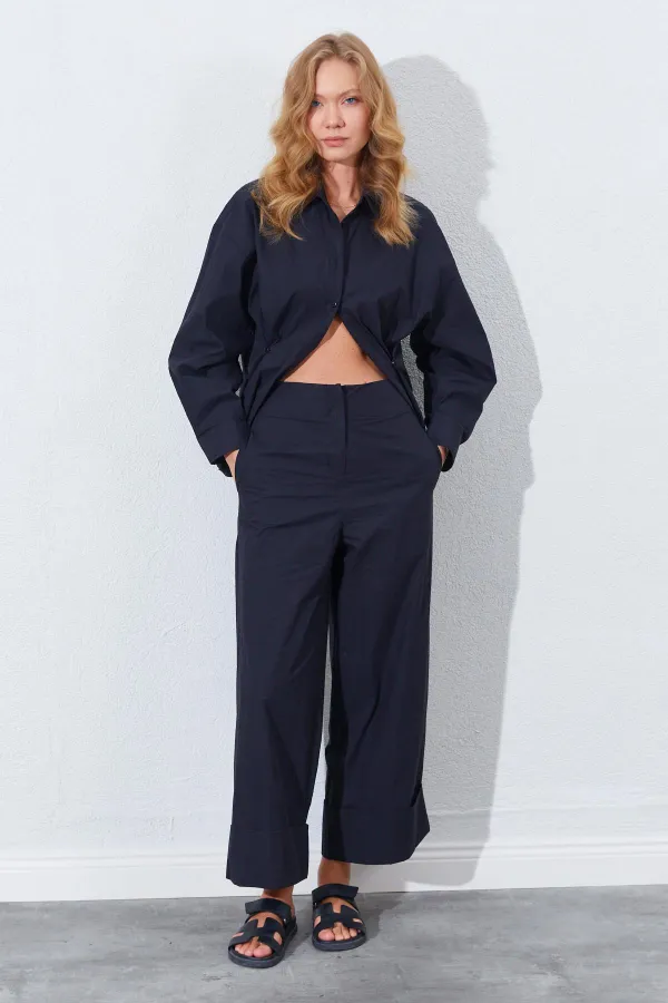 Kadın Siyah Geniş Double Boru Paça Pantolon