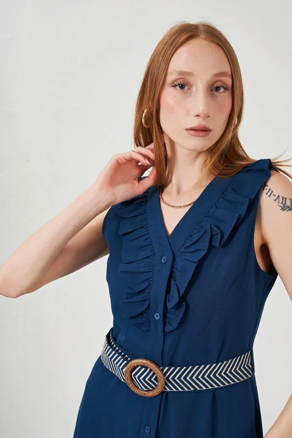 Kadın İndigo Yaka Fırfırlı Önü Düğmeli Kolsuz Poplin Kumaş Uzun Elbise