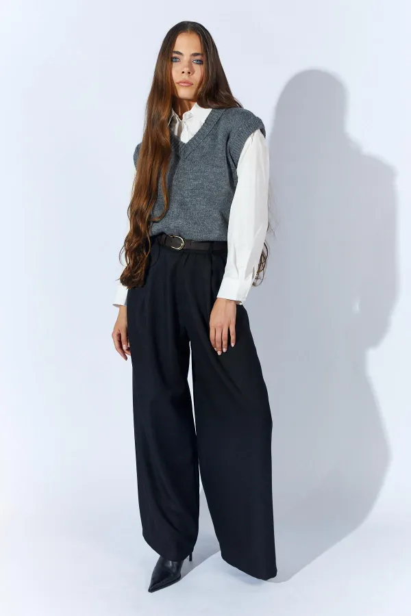Kadın Siyah Beli Kalın Kemer Palazzo Pantolon