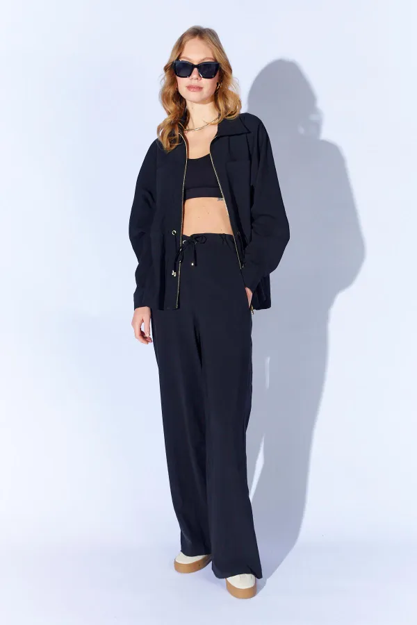Women's Black 155 Zip-Up Jacket and Loose-Fit Trousers Set