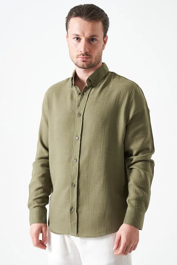 Erkek Haki Uzun Kol Regular Basic Müslin Gömlek