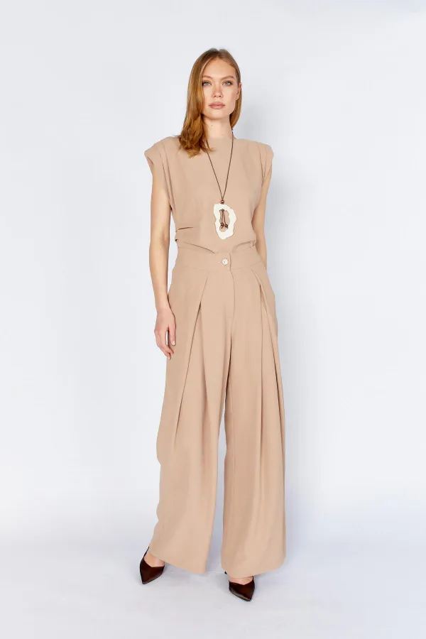 Kadın Vizon 20236 Ön Içe Girmeli Pileli Bol Paça Pantolon