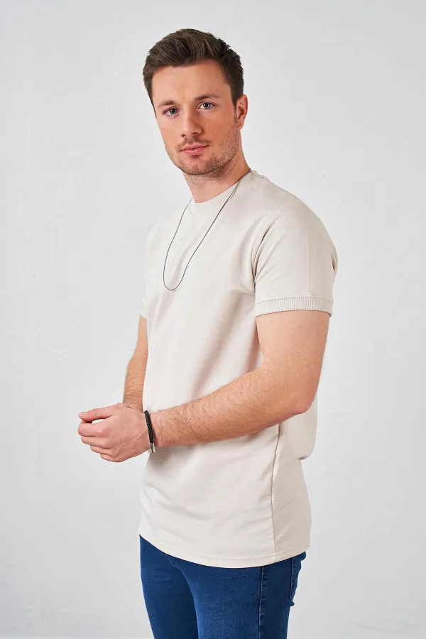 Erkek Bej Kolu Ribanalı İki İp Rahat Kalıp Tişört