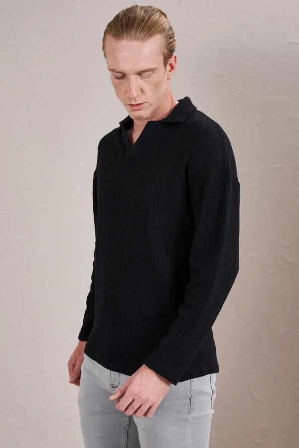 Men's Black Polo Collar Long-Sleeve Jacquard Sweatshirt