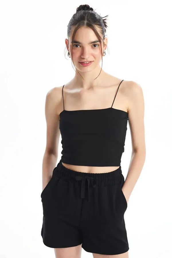 Kadın Siyah Spagetti Askılı Gloplu Bustiyer