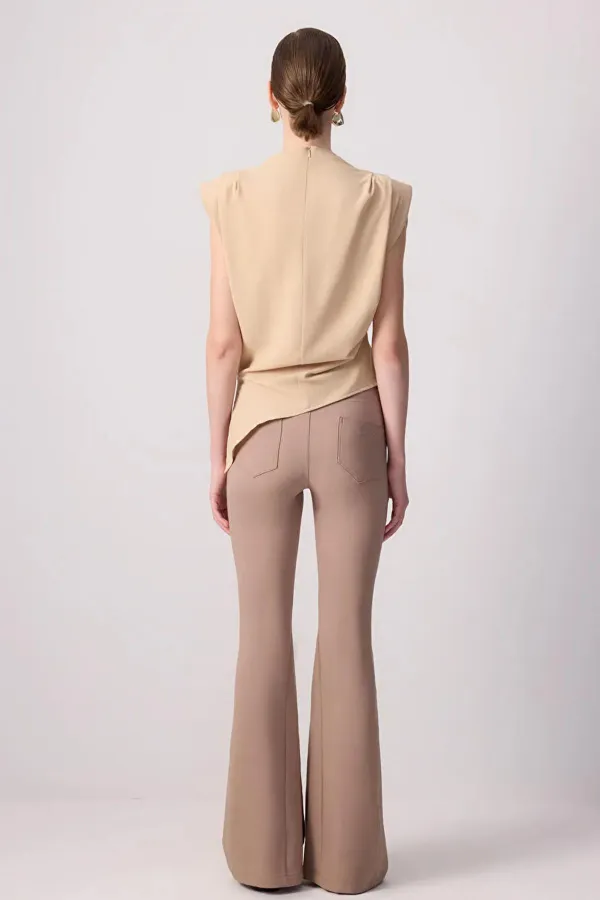 Kadın Vizon 7034 Omuzları Drapeli Vatkalı Asimetrik Bluz