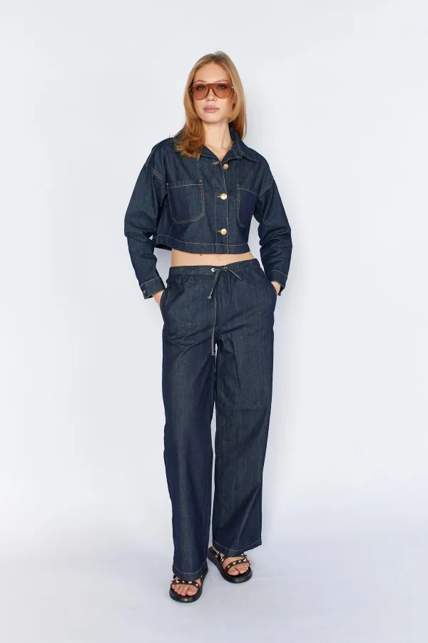 Women's Rins Wash Double Pocket Belted Loose Fit Jean Jacket and Pants Set