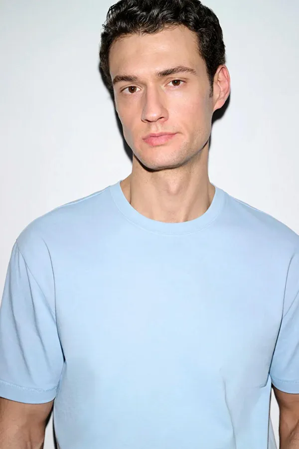 Erkek Mavi Bisiklet Yaka Modal Basic Tişört