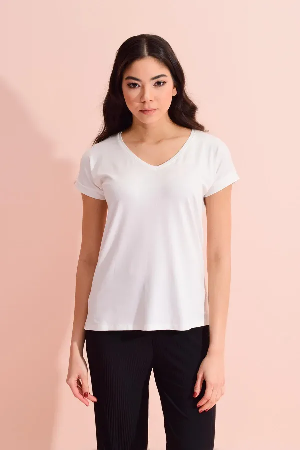 Kadın Ekru V Yaka Geniş Salaş Tişört