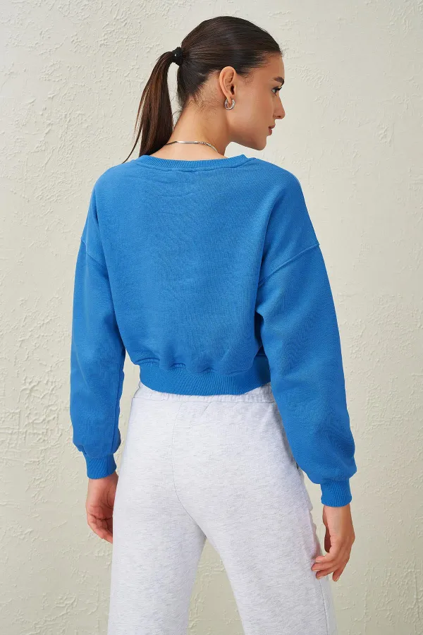 Women's Blue Crew Neck Three-Thread Oversize Crop Sweatshirt