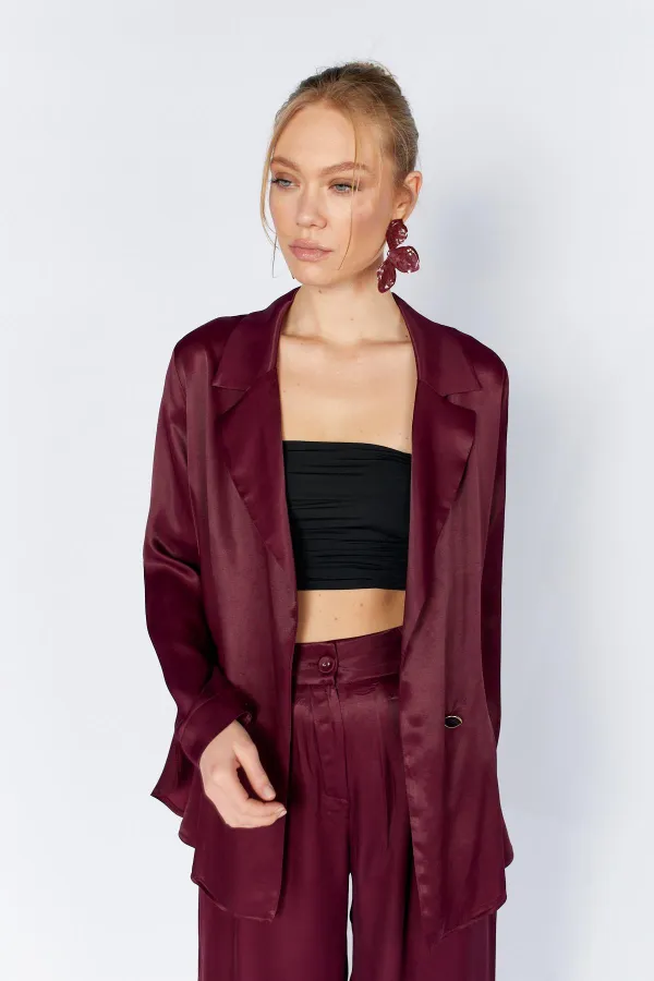 Women's Plum Gold Single Button Flush Satin Jacket
