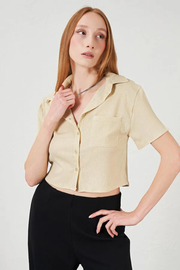 Kadın Taş Bürümcük Tek Cep Crop Gömlek