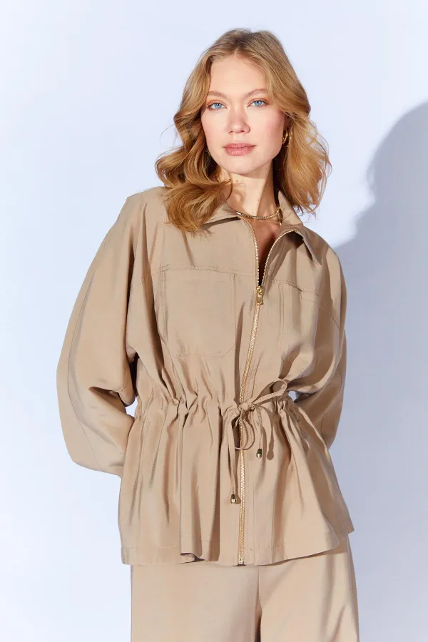 Kadın Vizon 155 Fermuarlı Bağlamalı Ceket Bol Kesim Pantolonlu Takım