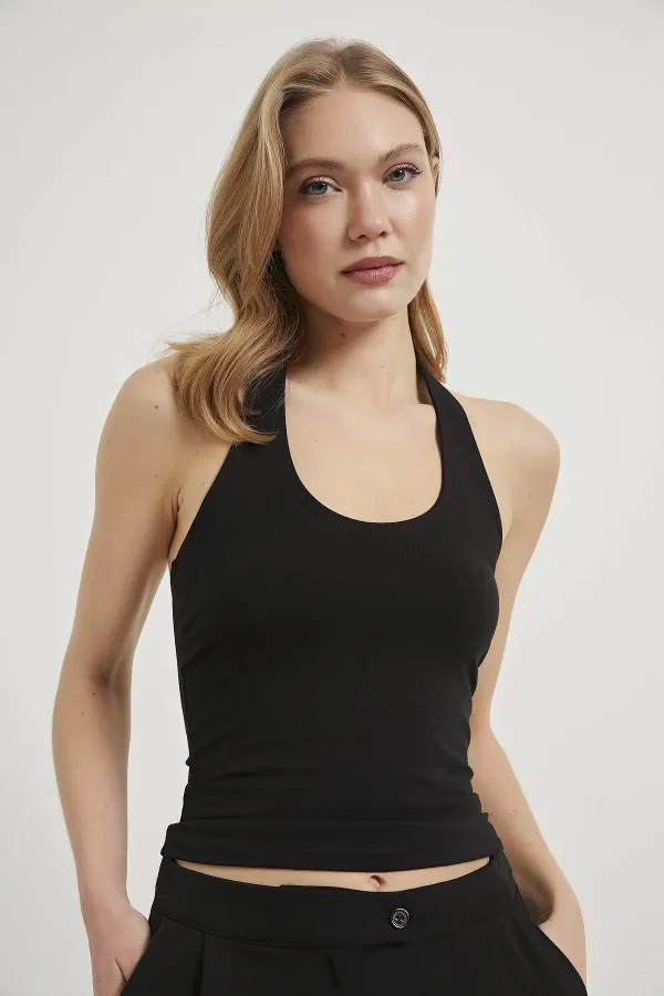 Women's Black Halter Neck Modal Ribbed Tank Top
