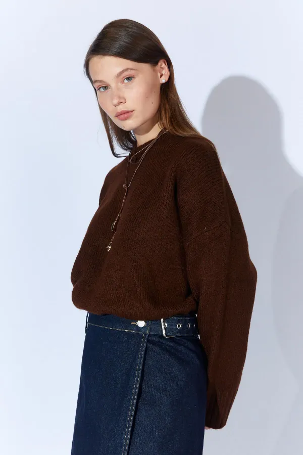 Kadın Kahve Bisiklet Yaka Basic Triko Kazak