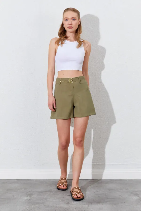 Kadın Haki Beli Kendinden Kemerli Gabardin Şort