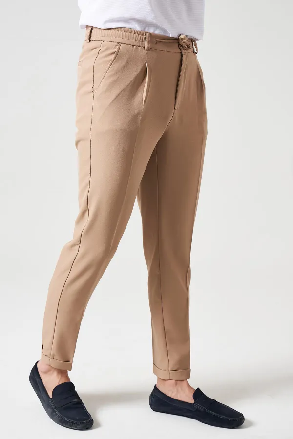 Erkek Bej Beli Yarım Lastikli Tek Pile Duble Paça Diamond Kumaş  Pantolon