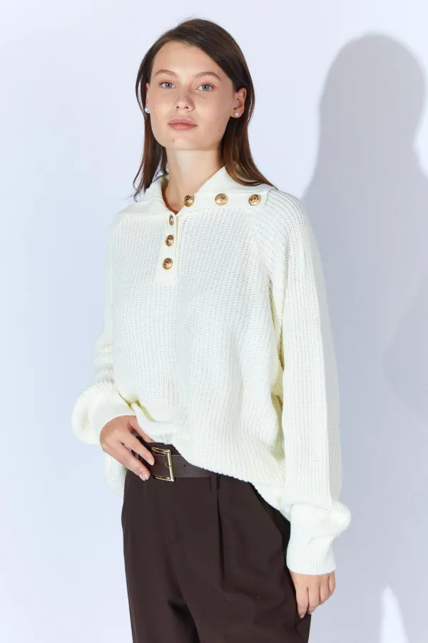 Kadın Kemik Şal Yaka Düğmeli Triko Kazak