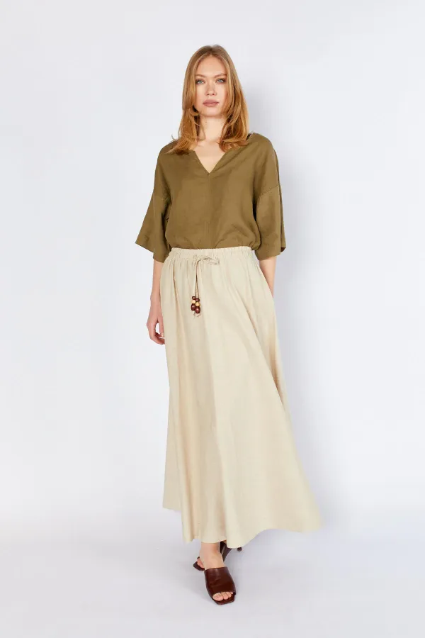 Women's Natural Skirt with Thick Stitching and Elastic Waistband