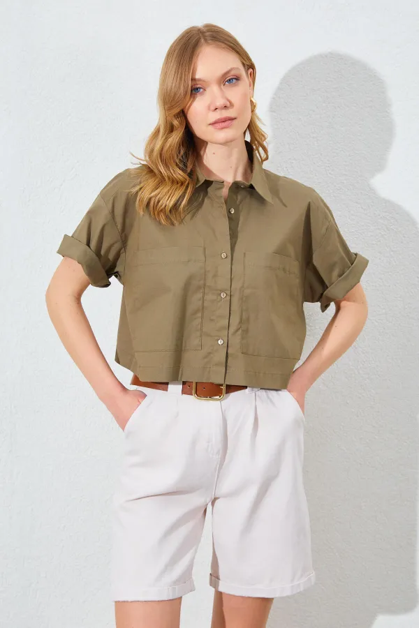 Kadın Haki Çift Cepli Düşük Kol Crop Gömlek