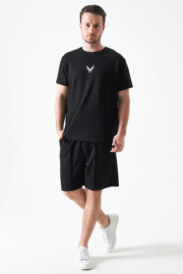 Erkek Siyah Bisiklet Yaka KARTAL Baskılı Modal Tişört