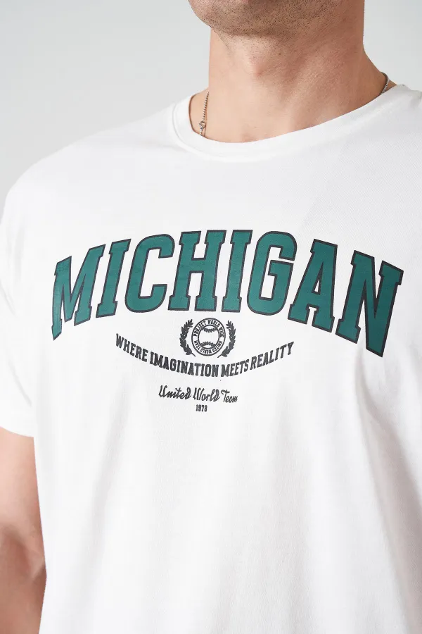 Erkek Ekru Bisiklet Yaka MICHIGAN Baskı Tişört