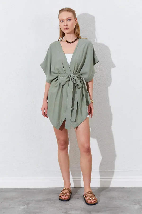 Kadın Haki Düşük Kol Kuşaklı Kimono